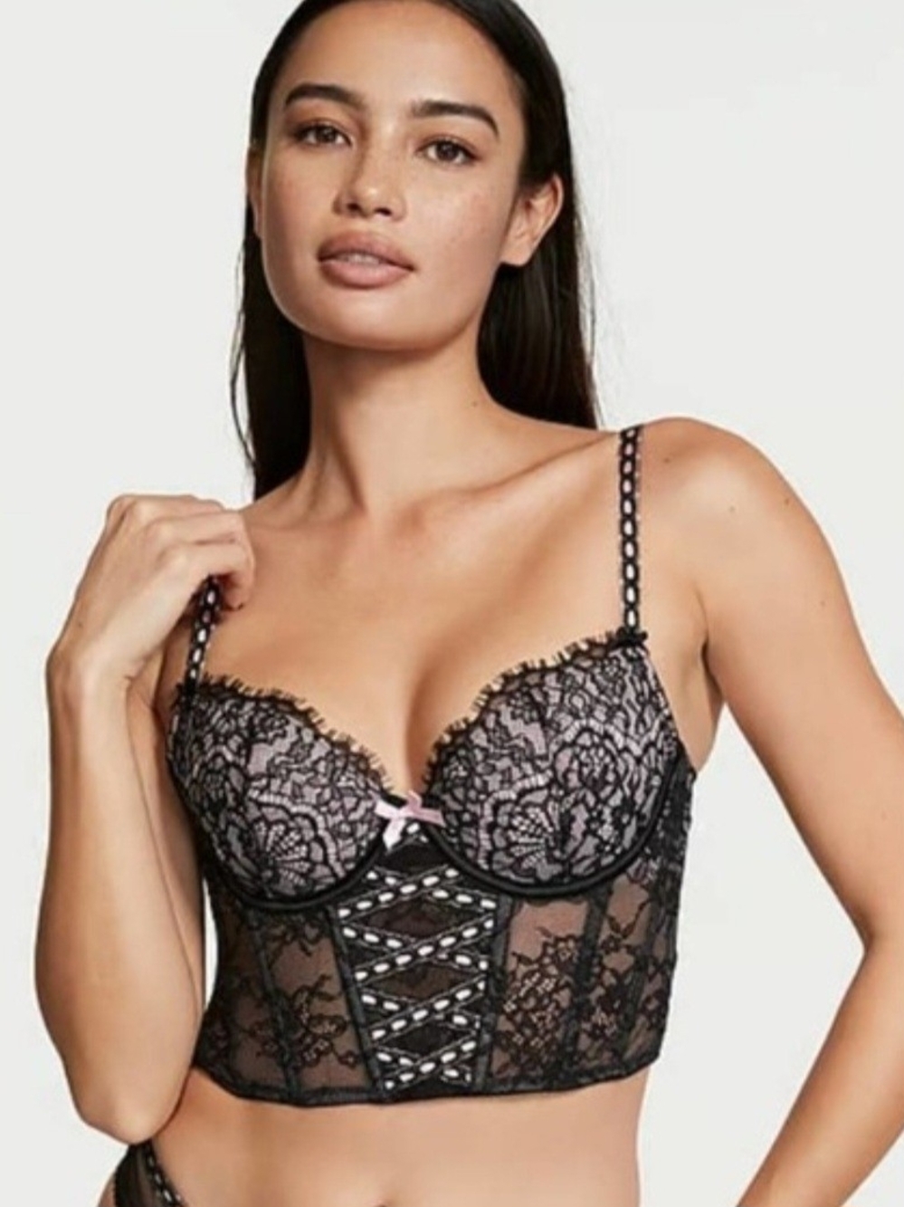 Victoria's Secret Black Lace Longline Push-Up Bralette with Pink Bow